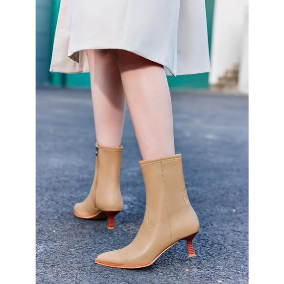 Women's Khaki Pointed Toe Ankle Boots Stacked Kitten Low Heel Side Zipper - Picture 3 of 6